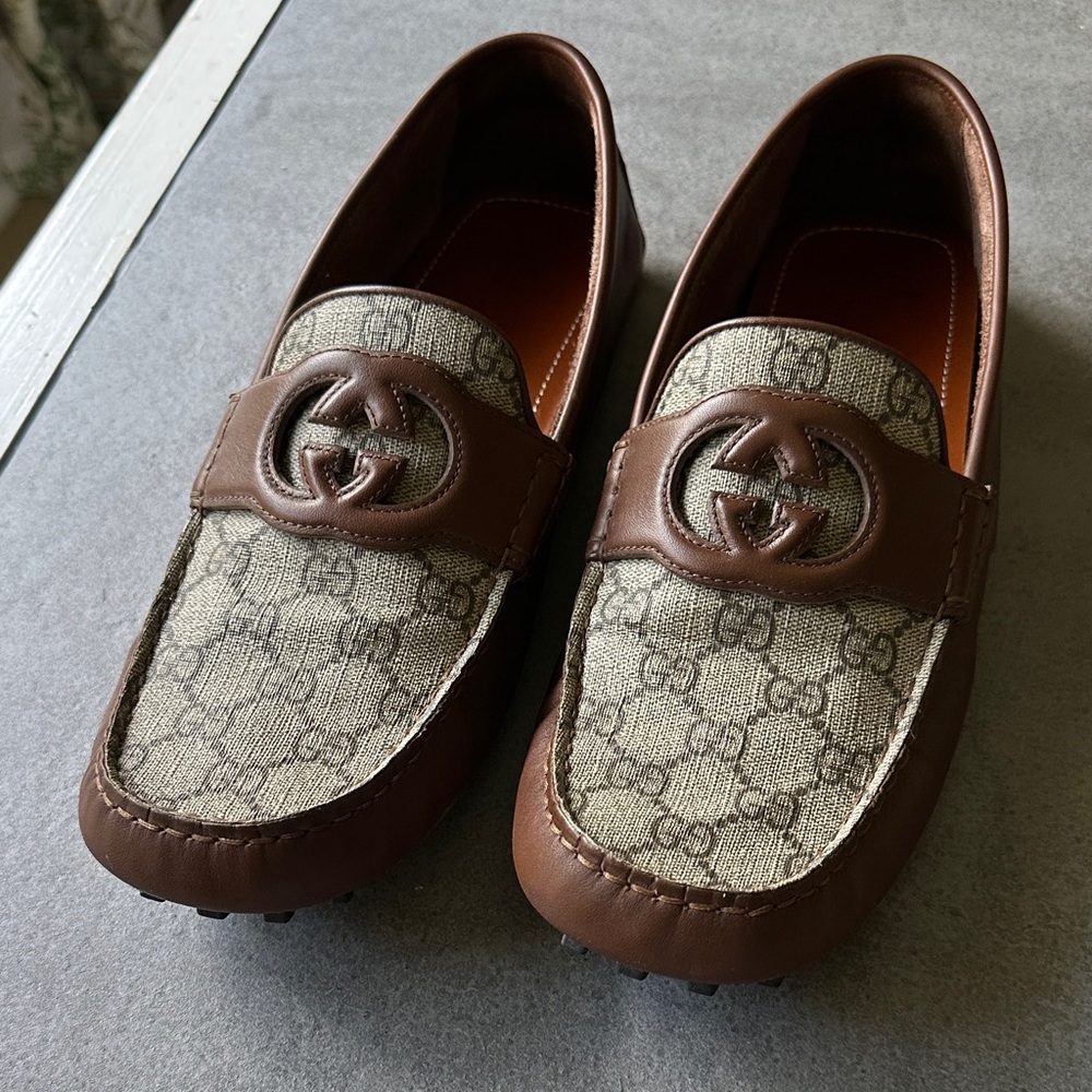 Gucci Brown and Beige Monogram Drivers  for Men - UK 11 / 11.5 US